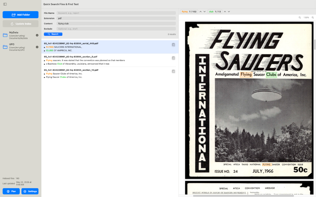 Quick Search Files & Find Text macOS app searching PDF content with keyword highlights and a document preview pane