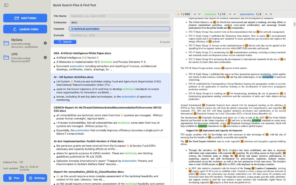 Quick Search Files & Find Text macOS app searching multiple content keywords in Word documents