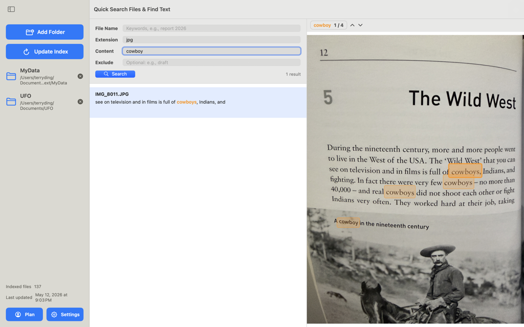 Quick Search Files & Find Text macOS app using OCR to find cowboy text in a photographed old book page