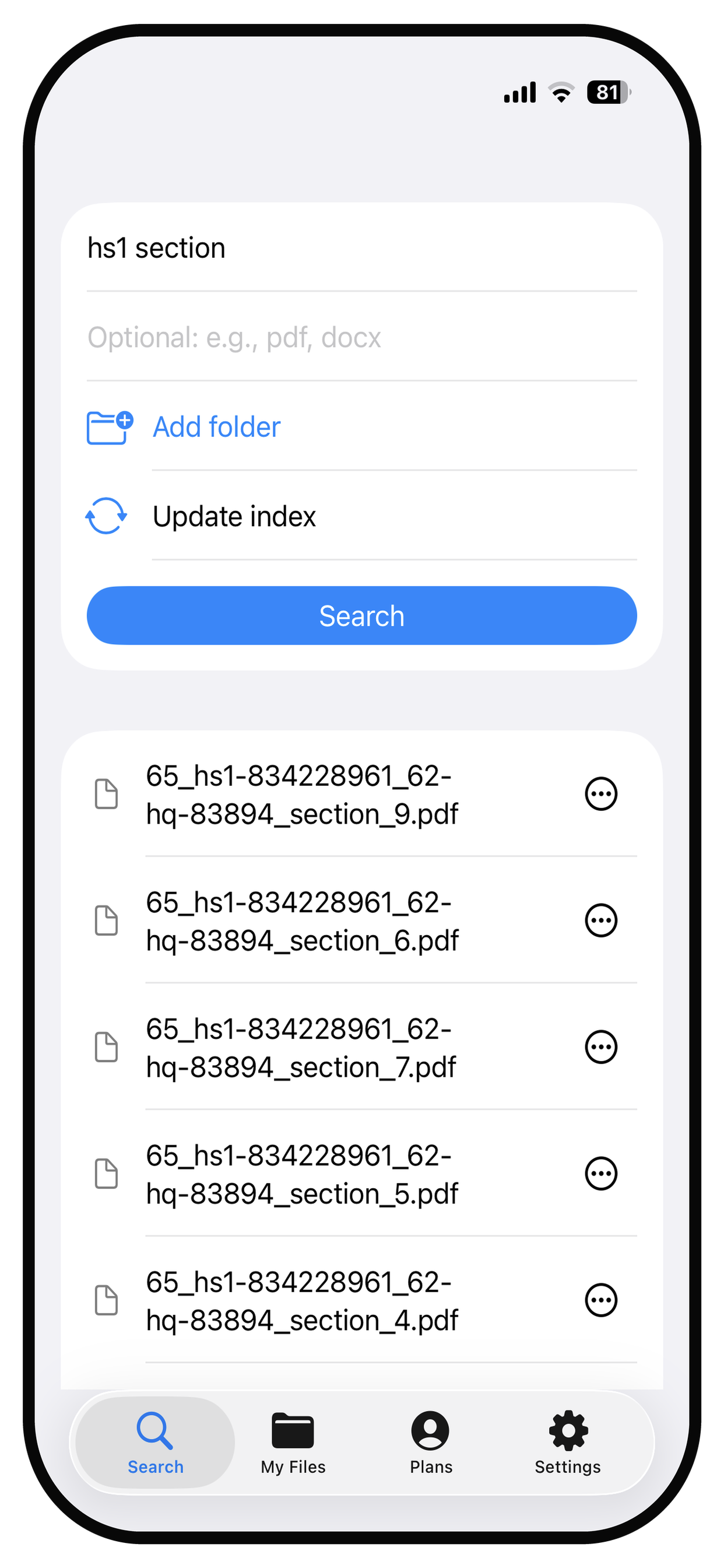 Quick Search File for iOS showing combined filename search results