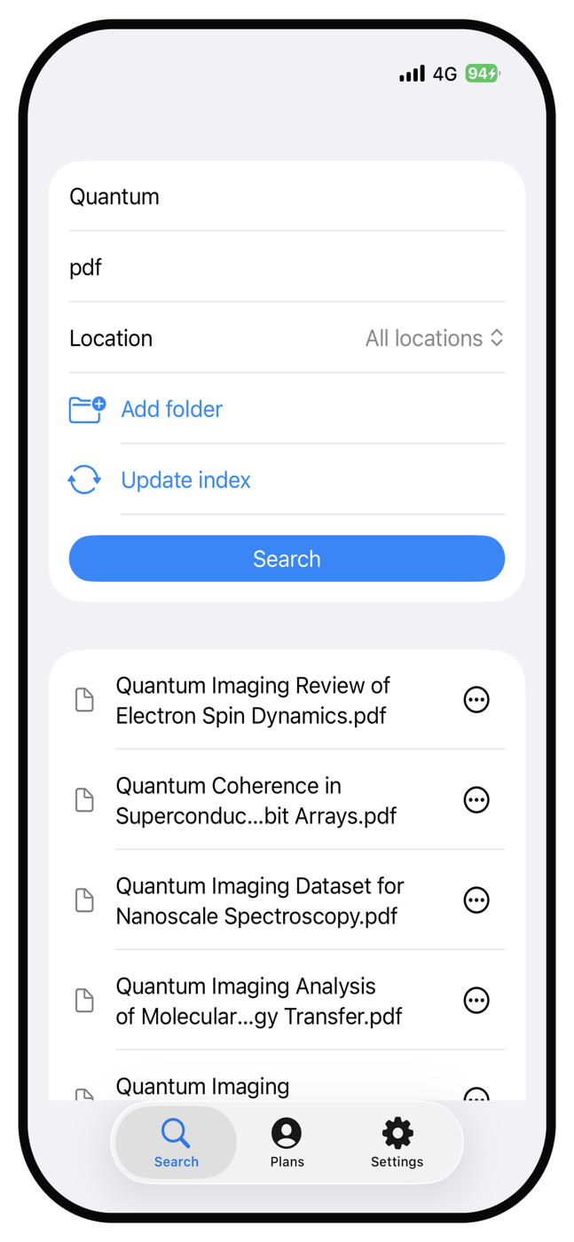 Quick Search File for iOS showing a filename term with a pdf extension filter